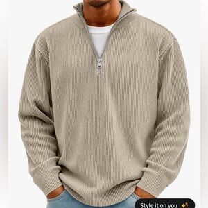 Amazon Mens Corduroy Sweatshirt Casual Stand Collar Quarter Zip Size M Kahki NWT